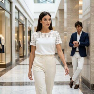 LOFT White Textured Knit Top Eyelet Cutout Sleeves Back Zip Women Medium Luxury